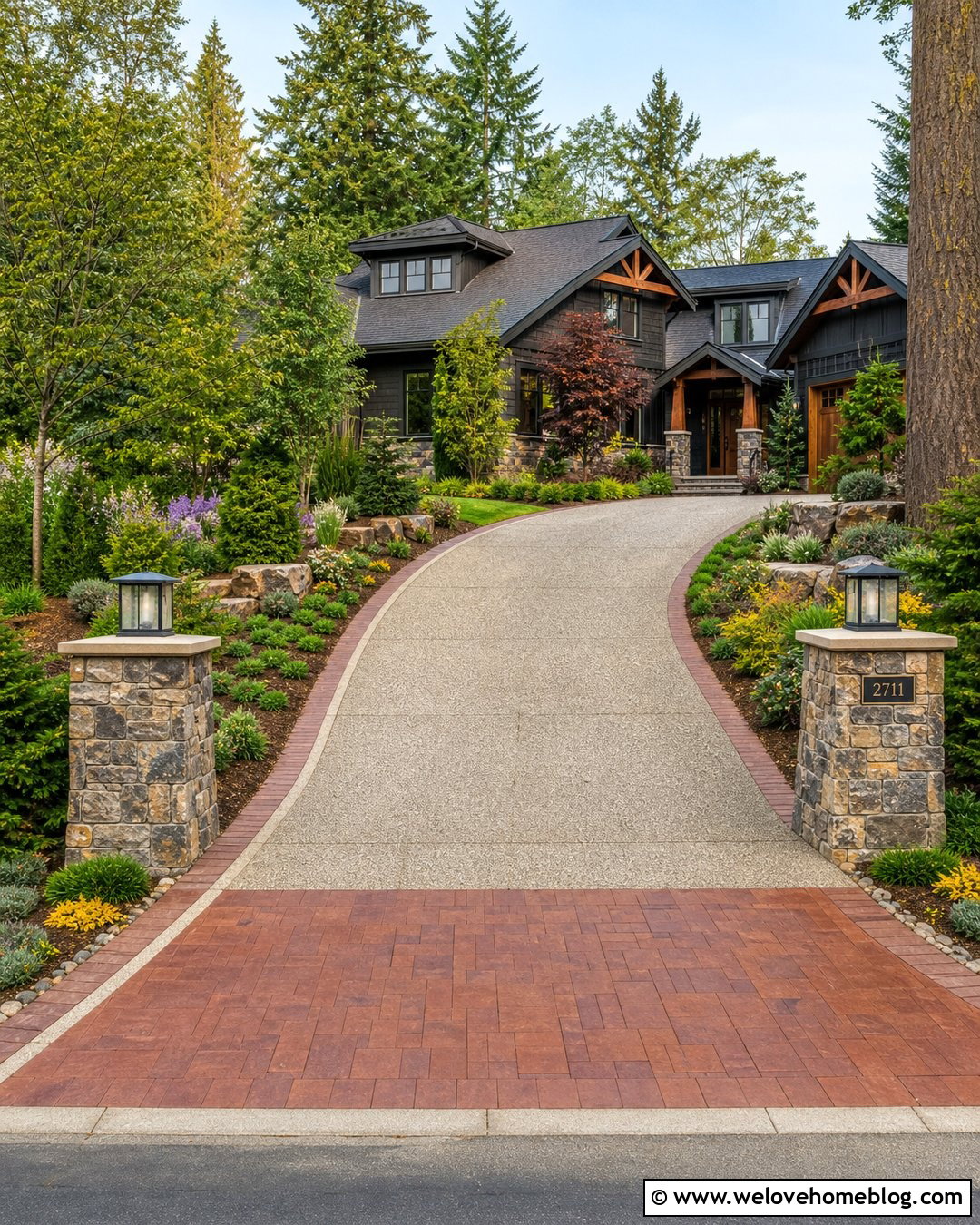 Mixed Material Driveway Entrance With Layered Landscaping - 25 Beautiful Driveways Entrance Landscaping Ideas