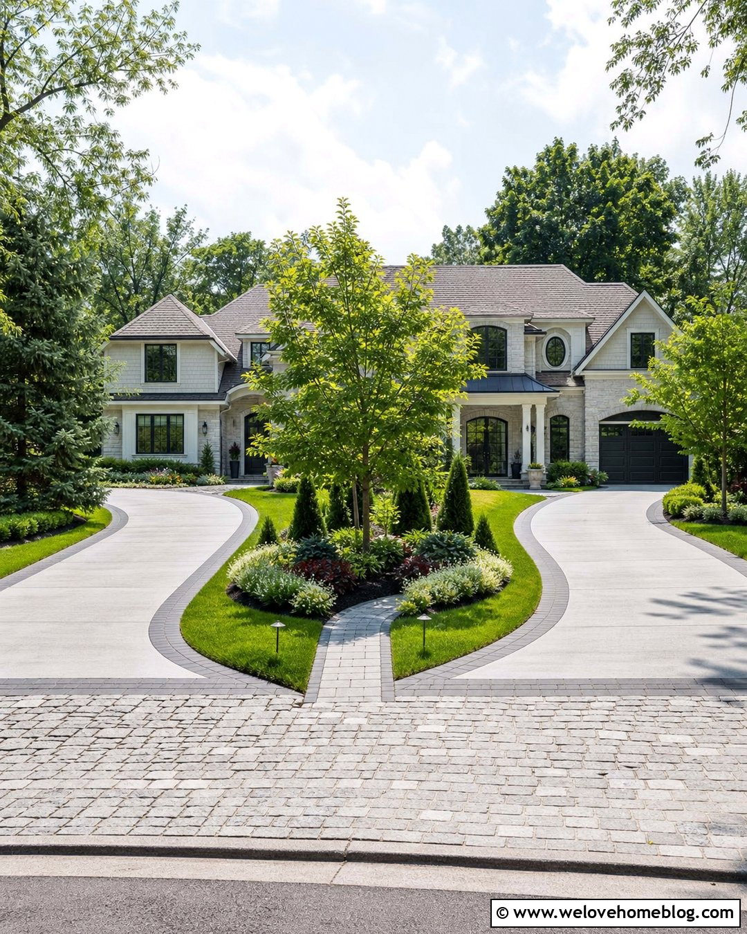 Mixed Material Driveway With Landscaped Island - 25 Dream Driveway Ideas