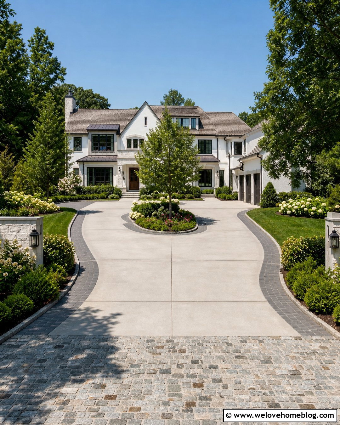 Mixed Material Driveway With Landscaped Parking Court - 25 Front House Driveway Ideas