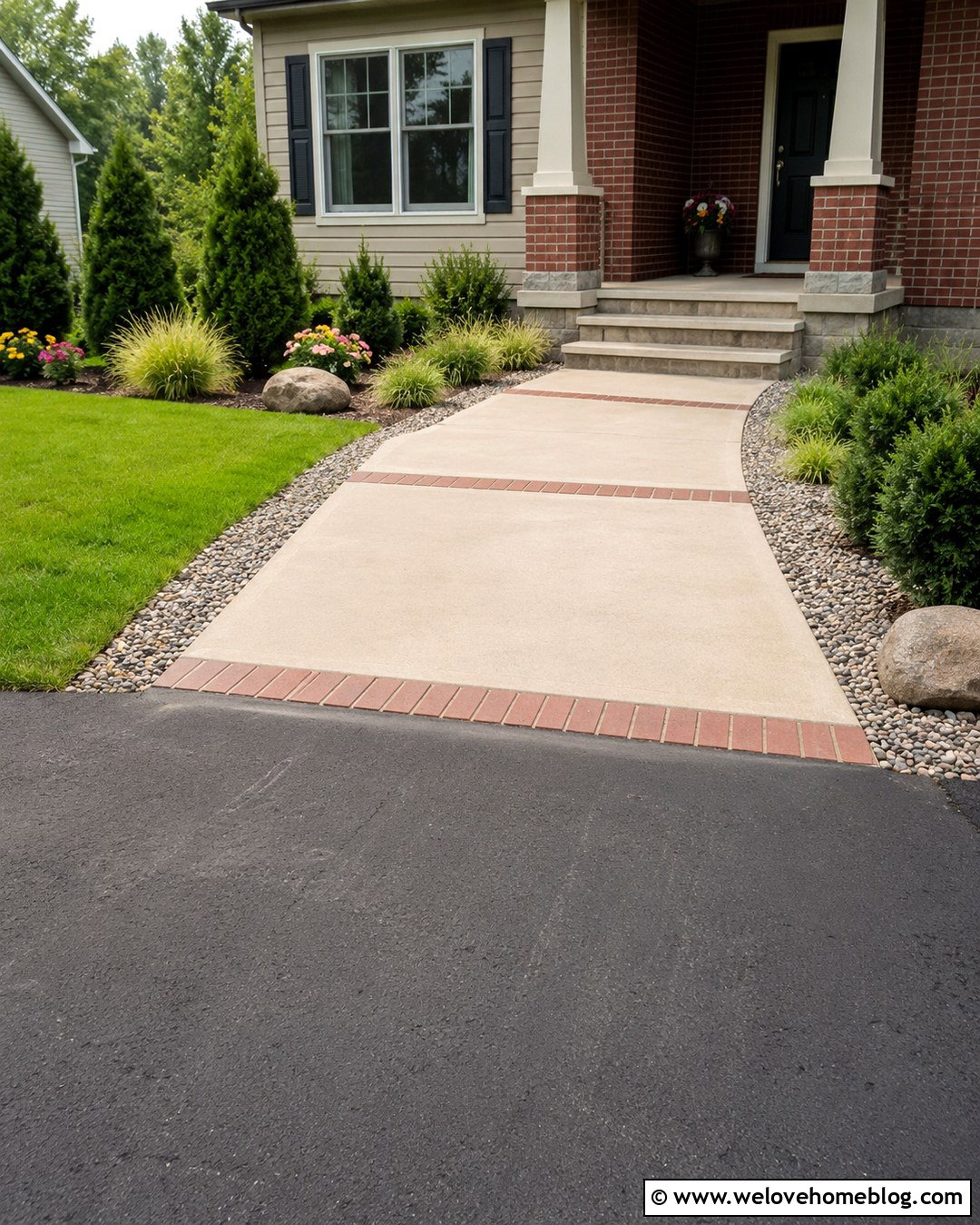Mixed Material Walkway From Driveway To Porch - 20 Front Porch Walkway To Driveway Ideas