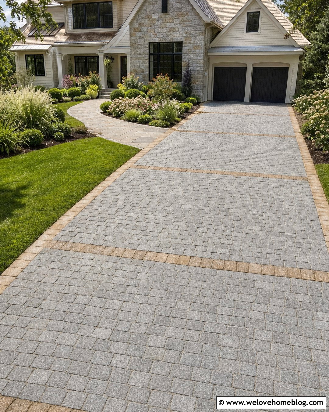 Mixed Natural Stone Driveway With A Geometric Border - 25 Natural Stone Driveway Ideas