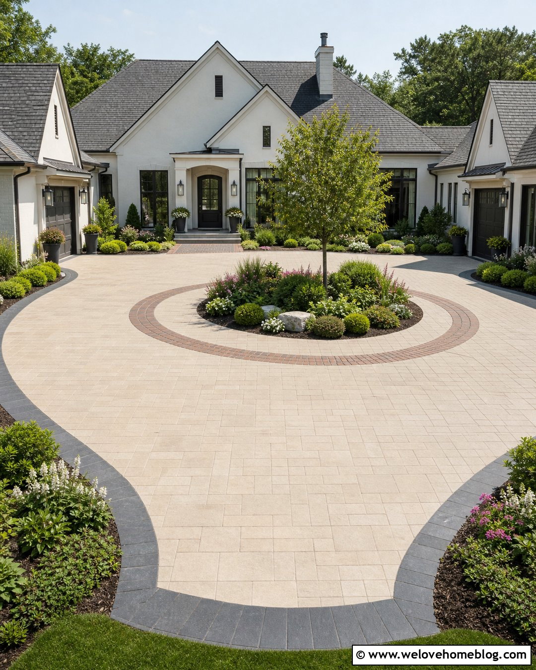 Mixed Paver Circle Driveway With Layered Landscaping - 40 circle driveway landscaping ideas