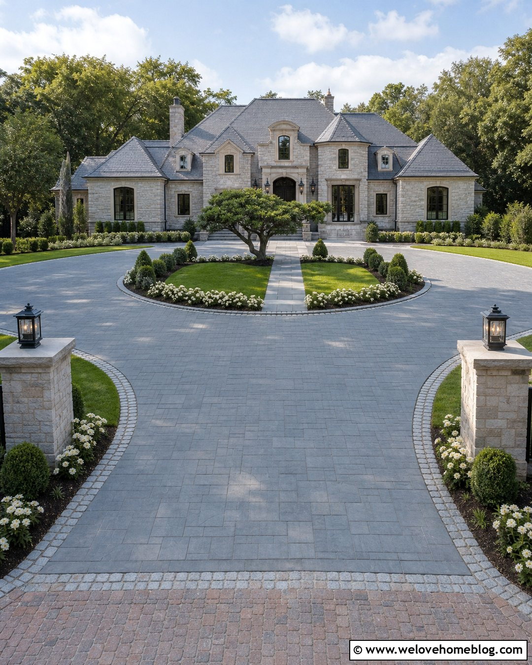 Mixed Paver Half Circle Driveway With Estate Landscaping - 40 half circle driveway landscaping ideas