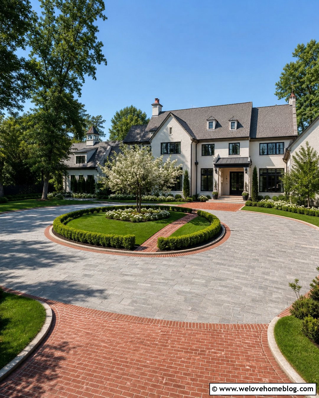 Mixed Paver Round Driveway With Patterned Aprons - 30 Round Driveway Ideas