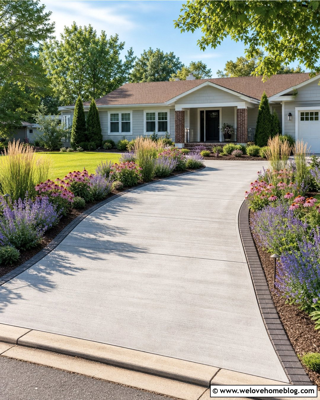 Mixed Perennial Concrete Driveway - 20 lining driveway with plants ideas