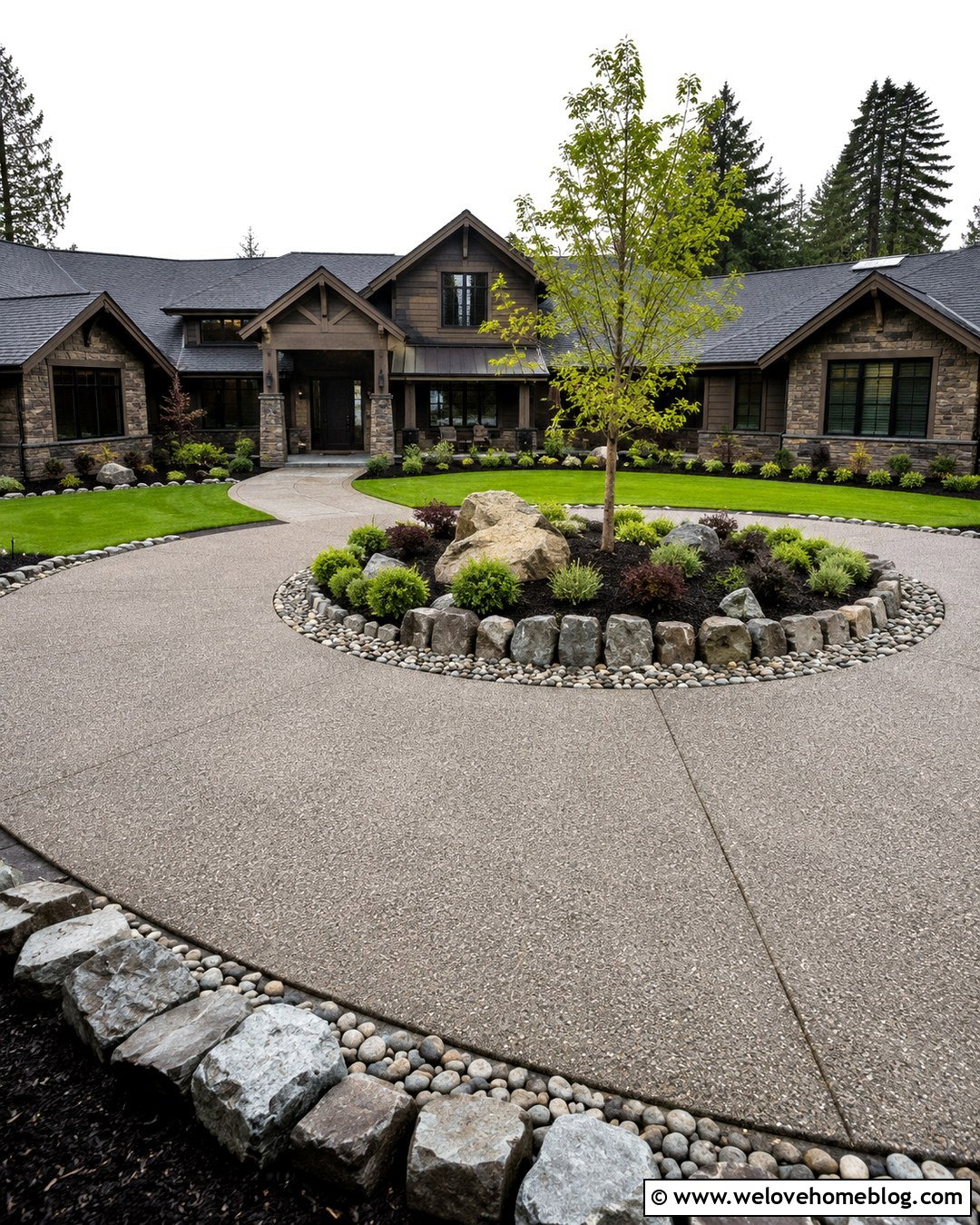 Mixed Rocks Along Circular Driveway - 20 Rocks Along Driveway Ideas