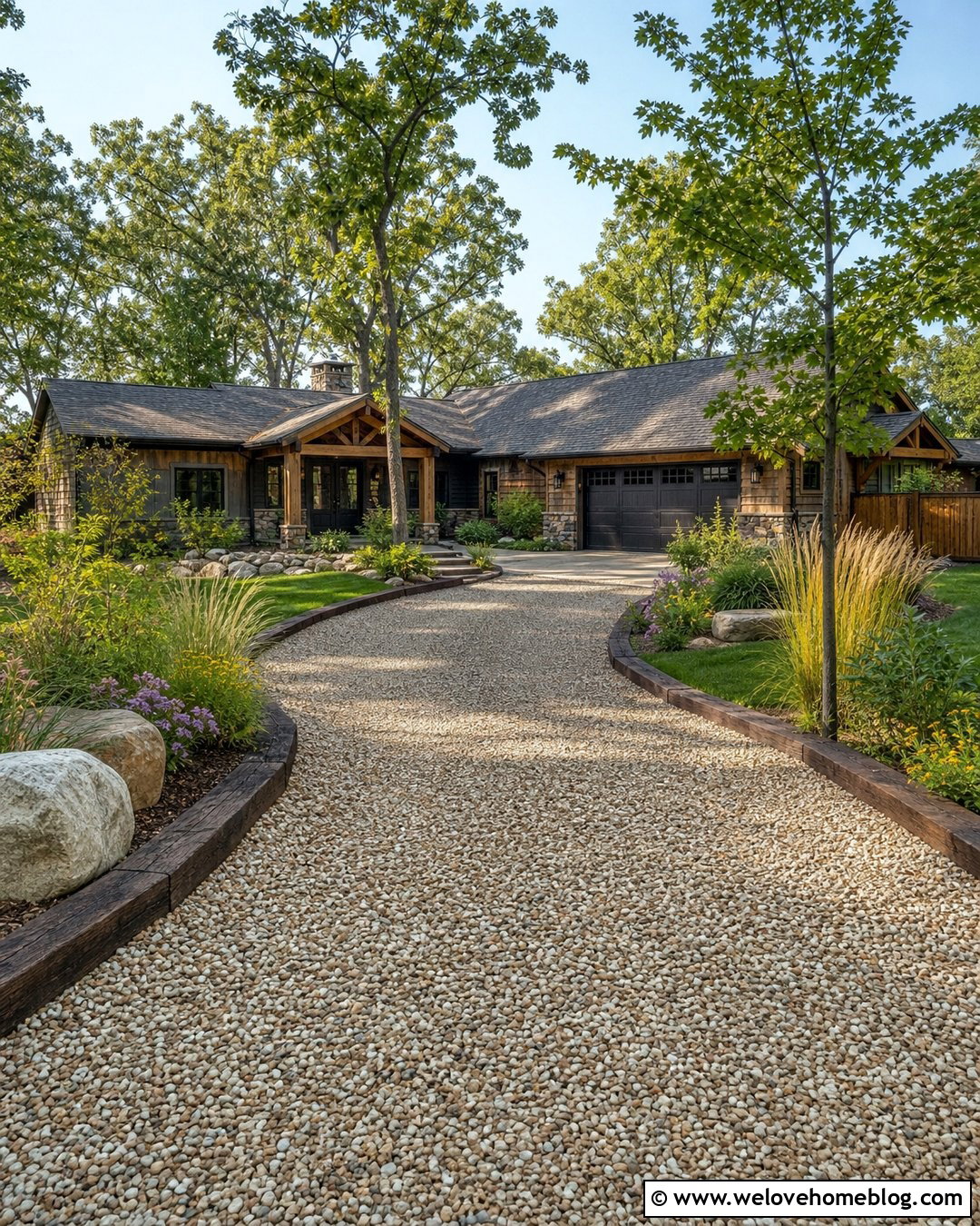 Mixed Shingle Driveway With Timber Edging - 25 Shingle Driveway Ideas