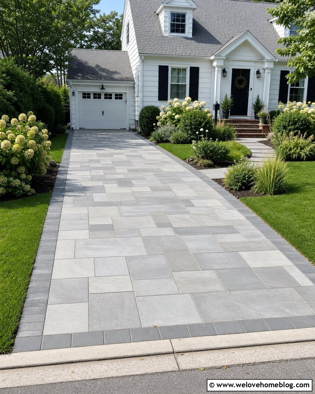 Mixed Size Concrete Flagged Driveway With Lawn Borders - 20 Flagged Driveway Ideas