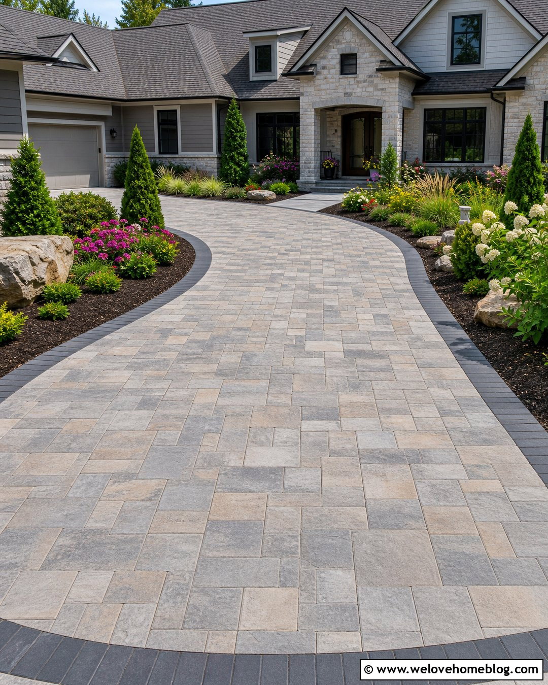 Mixed Size Paver Driveway With Ashlar Pattern - 35 Paver Driveway Ideas