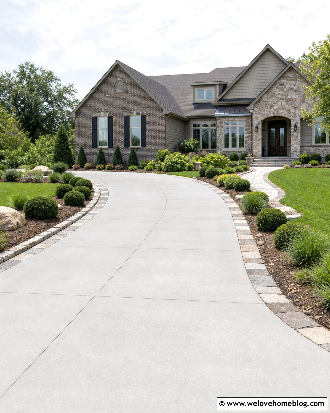 Mixed Stone Border With Concrete Driveway - 20 Stone Driveway Border Ideas
