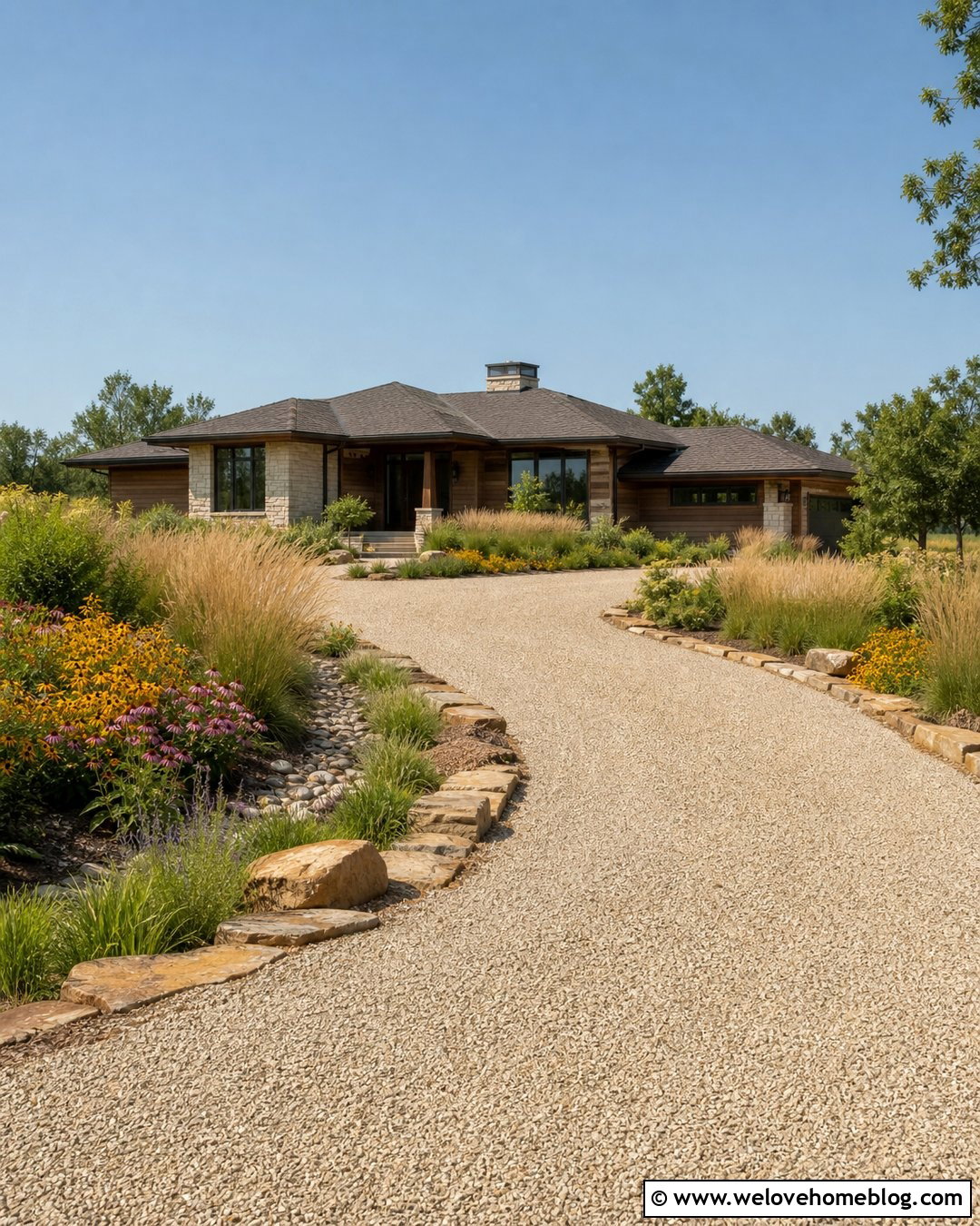Mixed Stone Driveway Edging With Native Plants - 20 Natural Stone Driveway Edging Ideas