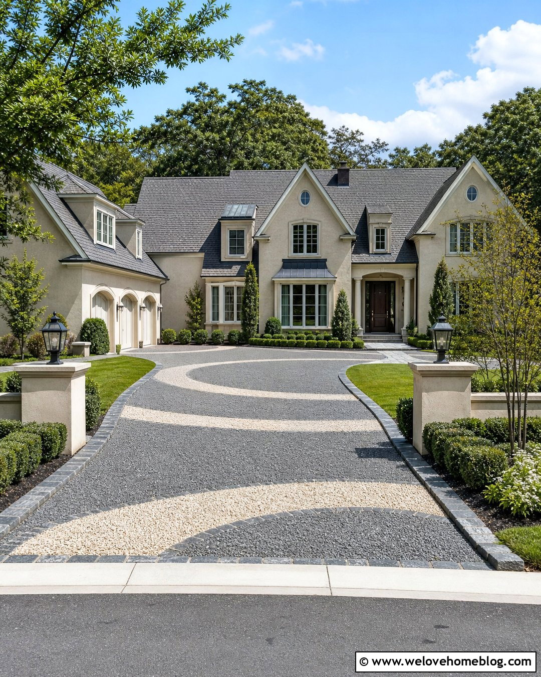 Mixed Stone Driveway With Patterned Bands - 20 Stone And Gravel Driveway Ideas