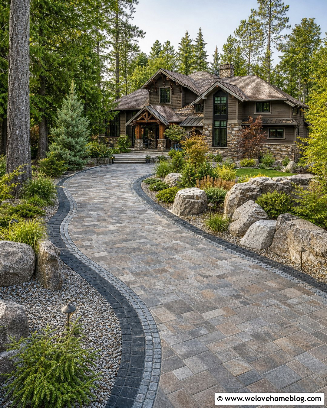 Mixed Stone Paver Driveway With Boulder Landscaping - 20 rock and paver driveway ideas