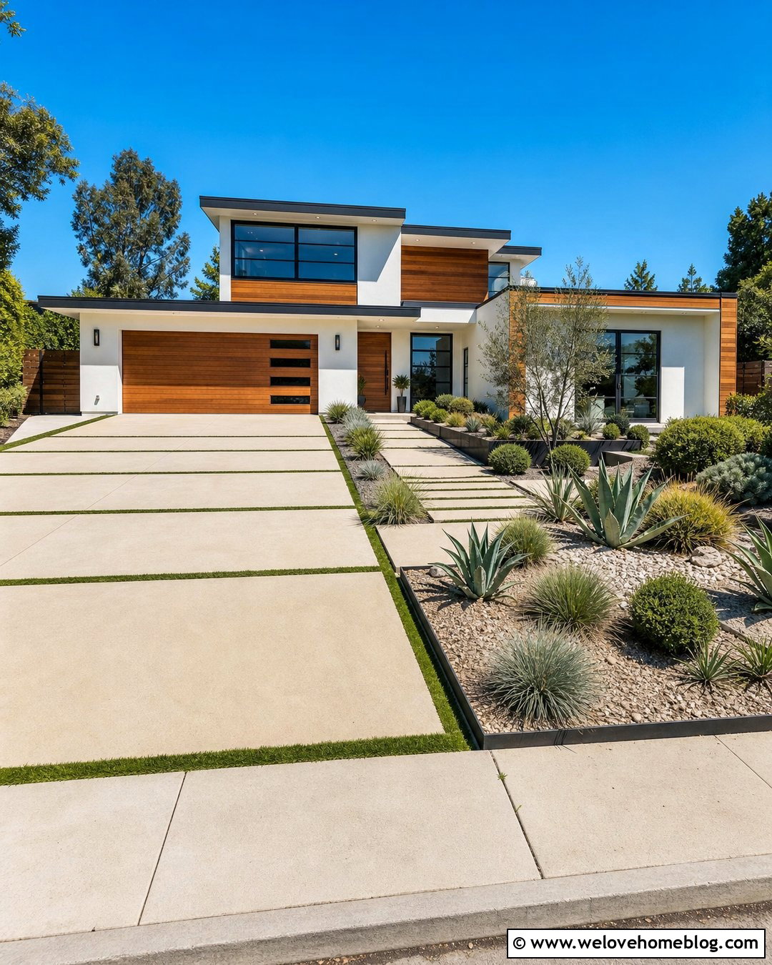 Modern Beige Concrete Driveway With Grass Strips - 20 Beige Concrete Driveway Ideas