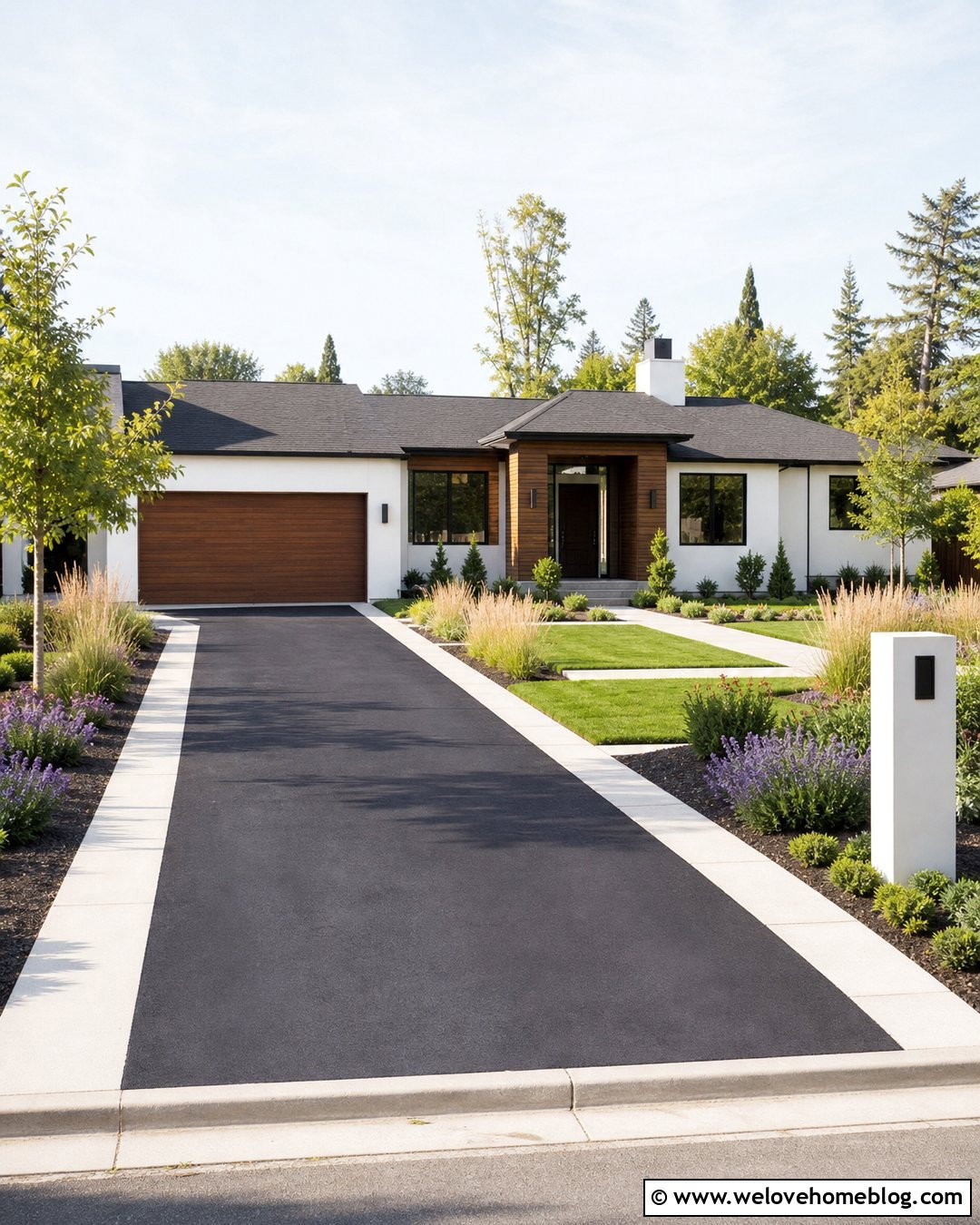 Modern Black Asphalt Driveway With Concrete Borders - 25 Driveways Modern Front Yard Landscaping Entrance Ideas