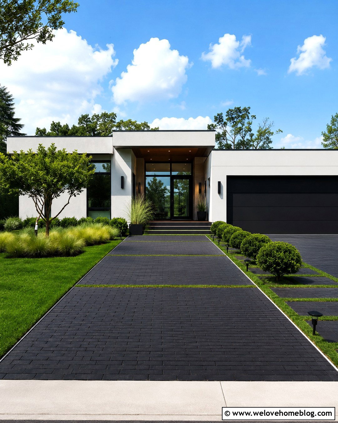 Modern Black Brick Driveway With Grass Strips - 20 Black Brick Driveway Ideas