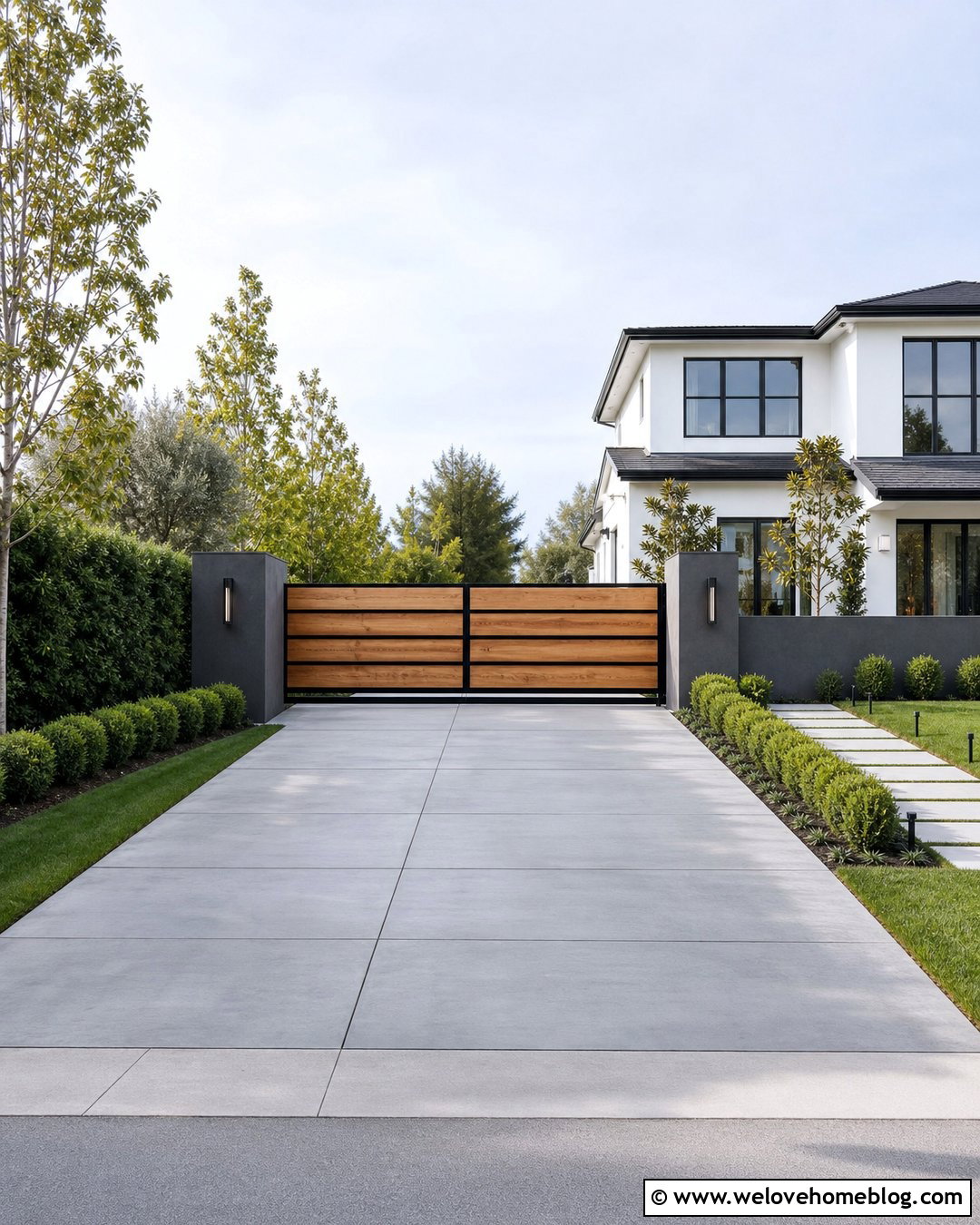 Modern Cedar Wooden Driveway Gate With Concrete - 35 Wooden Driveway Gates Ideas