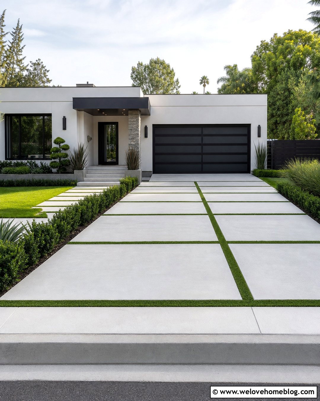 Modern Cement Driveway With Grass Strips - 35 Cement Driveway Ideas