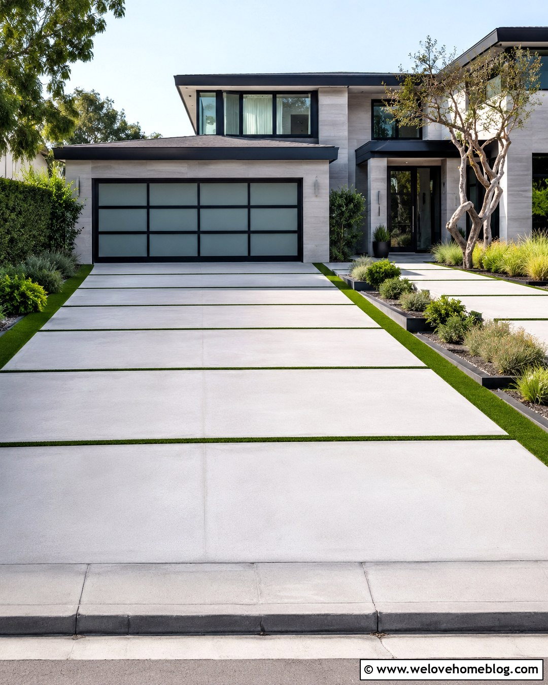 Modern Cement Driveway With Grass Strips - 20 Cement Driveway Curb Appeal Ideas