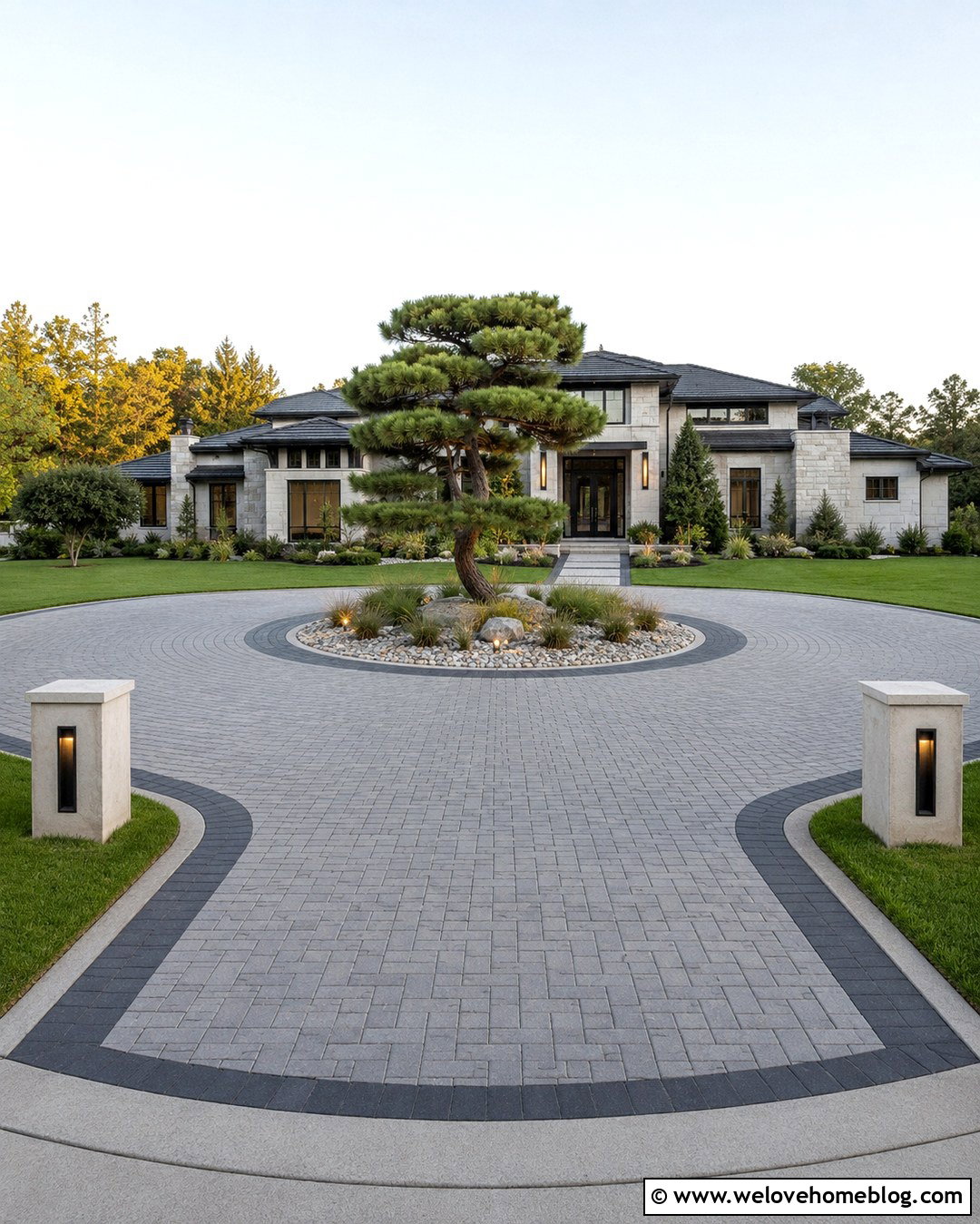 Modern Circular Driveway Entrance With Central Landscaping - 20 Modern Driveway Design Entrance Ideas