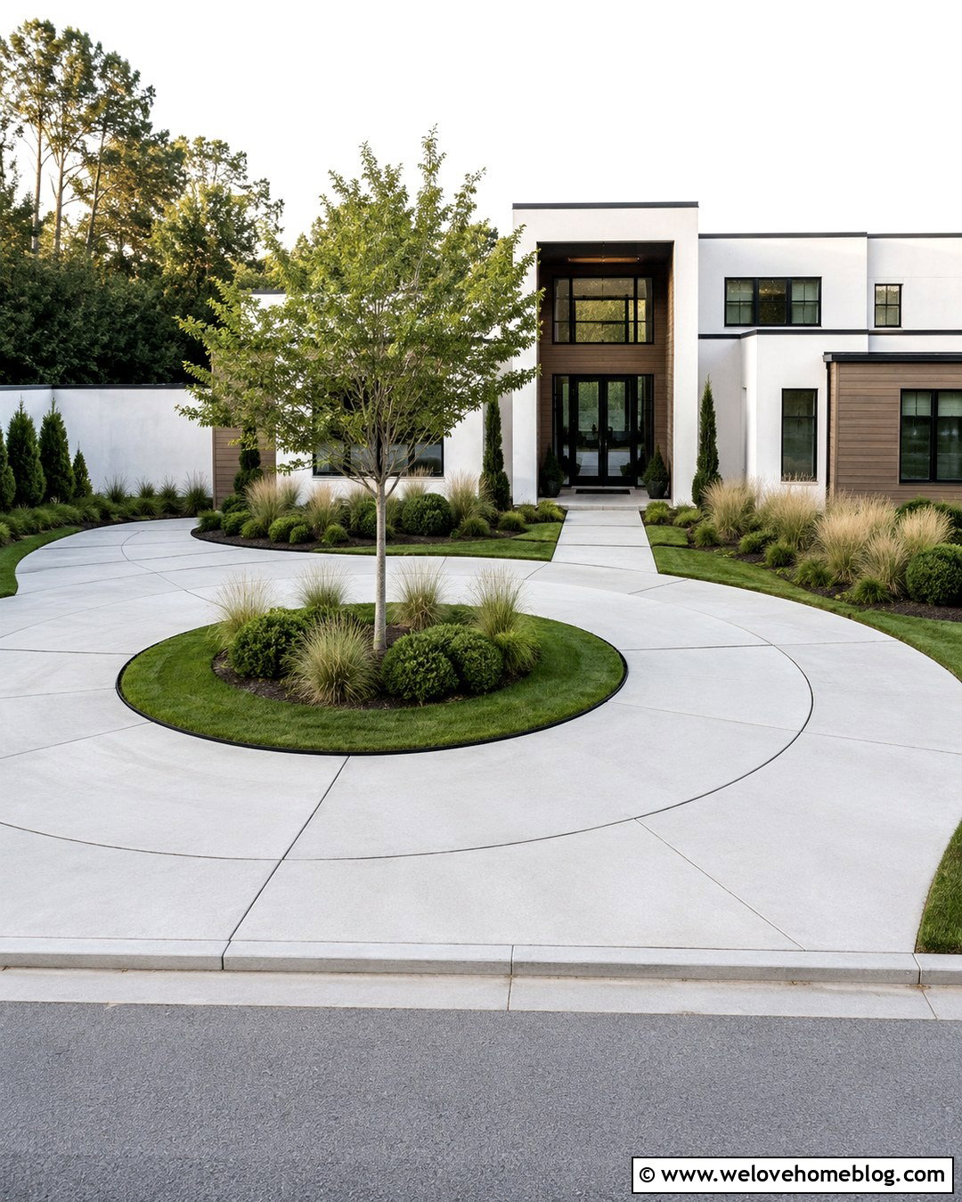 Modern Concrete Circular Driveway With Grass Island - 20 Driveway Circle Ideas