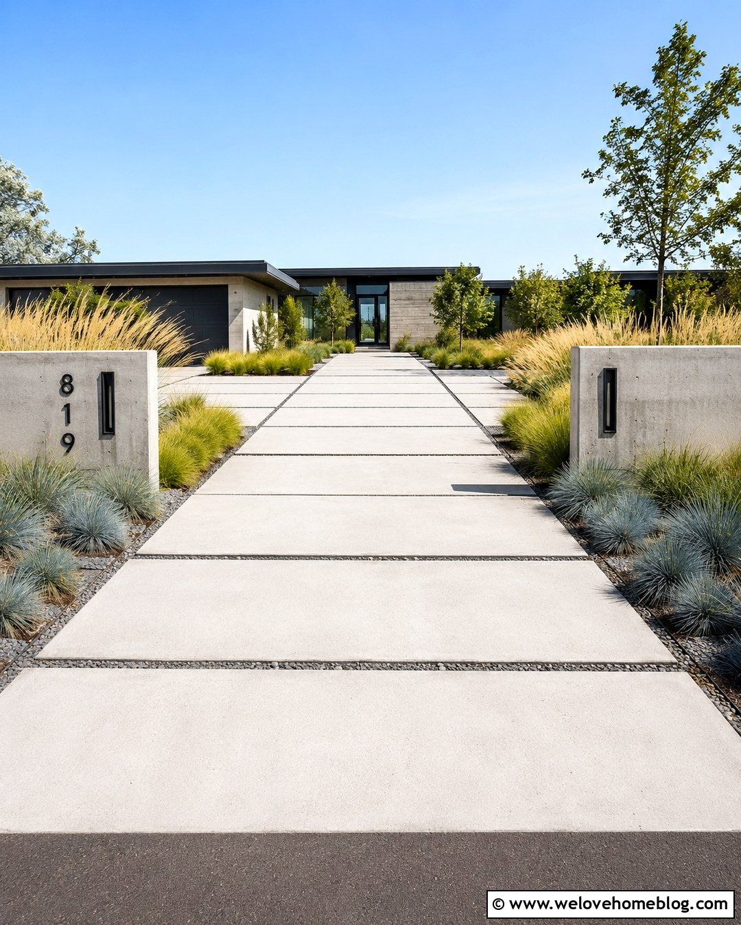 Modern Concrete Driveway Entrance With Grasses - 20 Driveway Landscape For Entrance Ideas