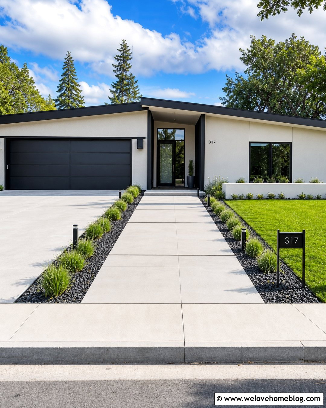 Modern Concrete Driveway Entrance With Ornamental Grasses - 20 landscape for driveway entrance ideas