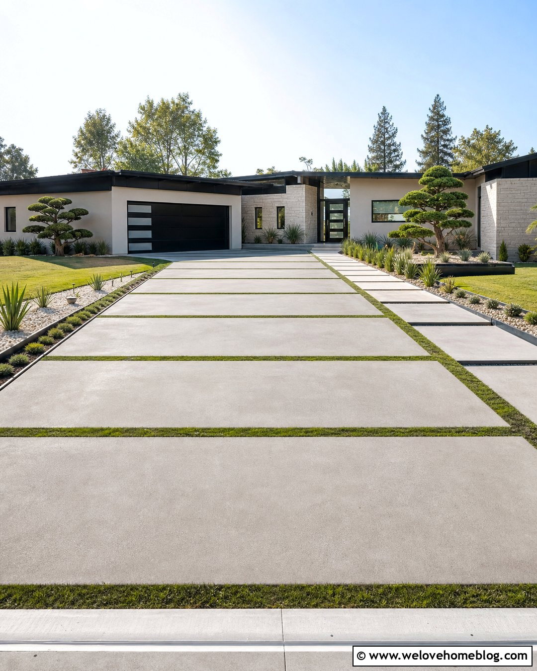 Modern Concrete Driveway Extension With Grass Strips - 30 Extended Driveway Ideas