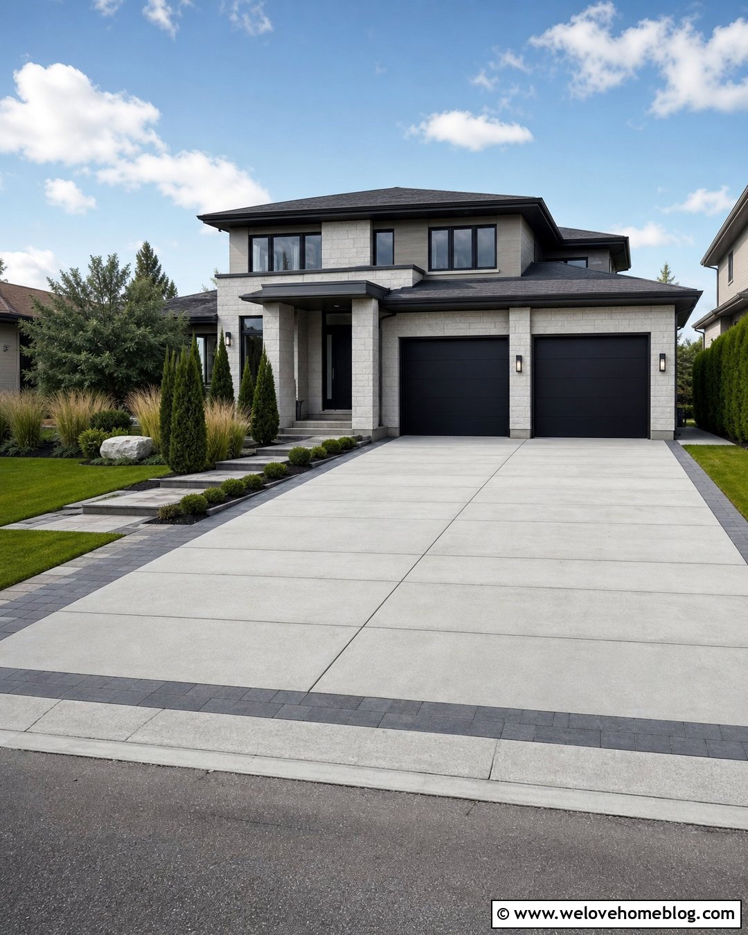 Modern Concrete Driveway With Black Garage Doors - 20 Garage And Driveway Ideas
