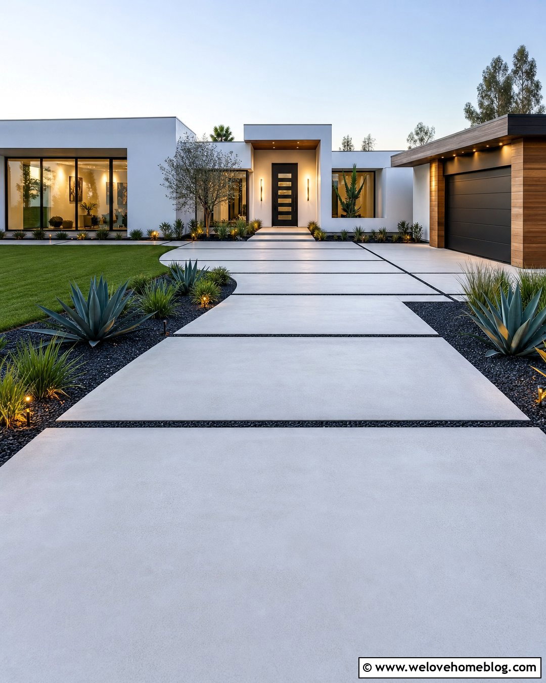 Modern Concrete Driveway With Black Gravel Joints - 25 Modern House Driveway Ideas