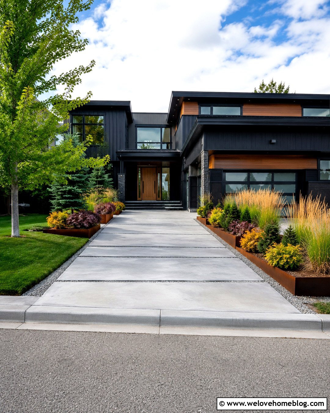 Modern Concrete Driveway With Corten Steel Beds - 20 autumn driveway landscaping ideas