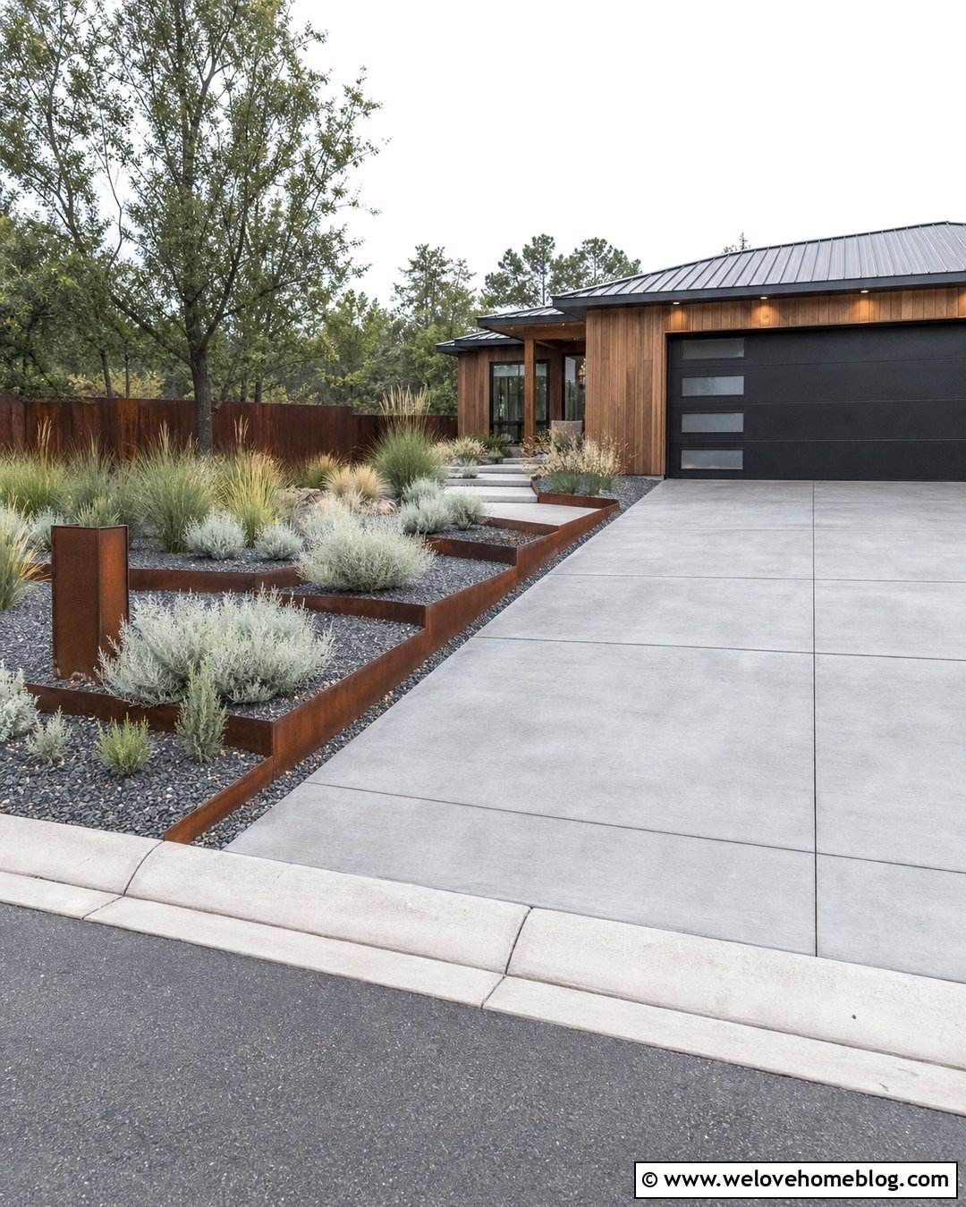 Modern Concrete Driveway With Corten Steel - 25 Modern House Driveway Ideas