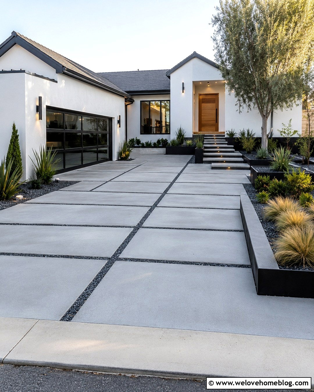 Modern Concrete Driveway With Floating Front Door Steps - 20 Front Door Driveway Ideas