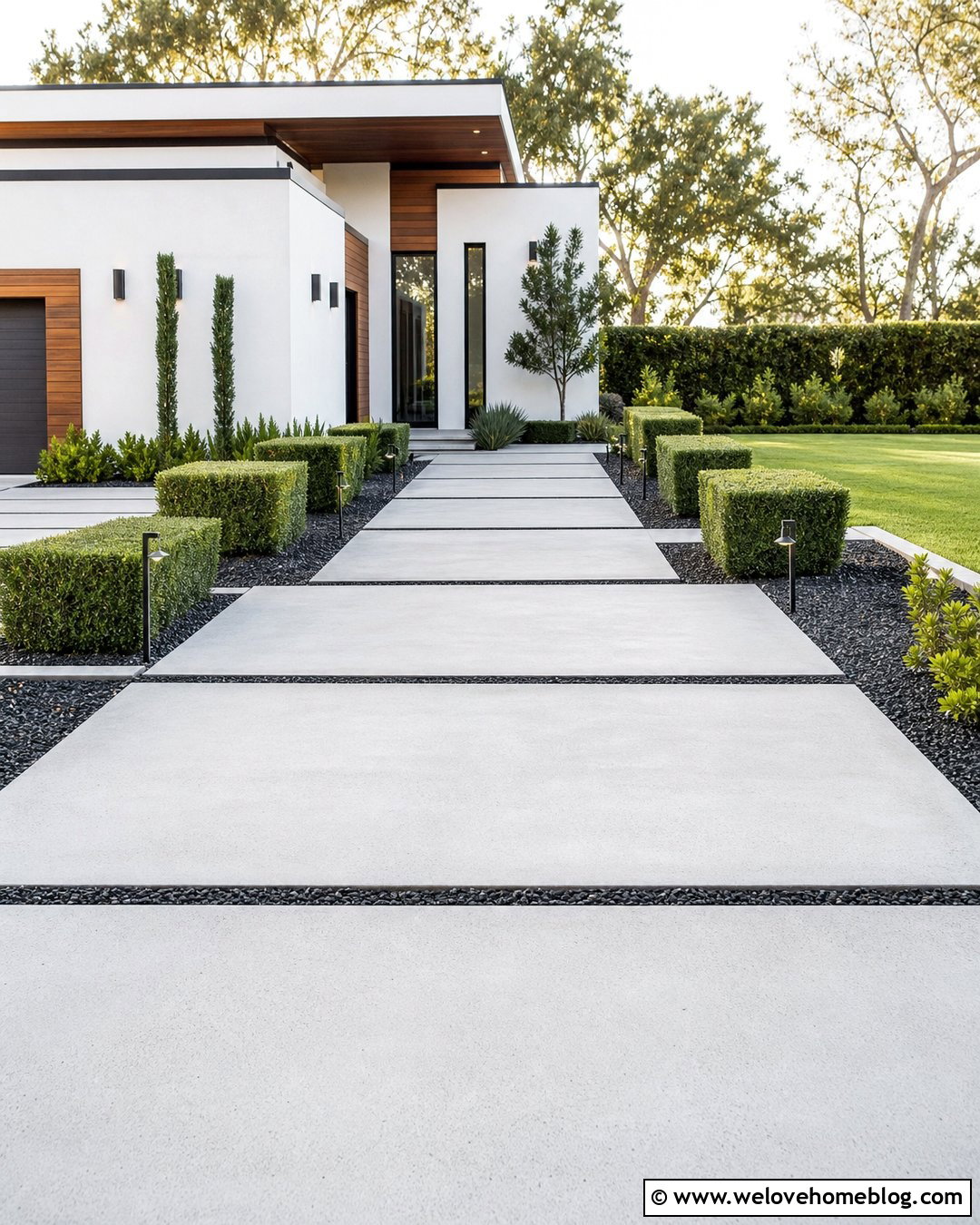 Modern Concrete Driveway With Geometric Boxwoods - 20 boxwoods along driveway ideas
