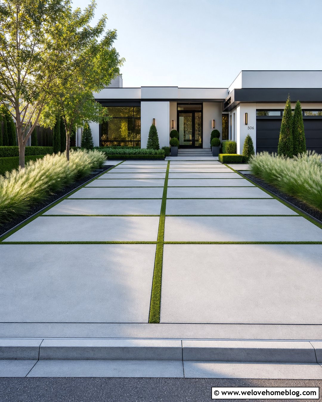 Modern Concrete Driveway With Grass Joints - 25 Driveway Curb Appeal Ideas