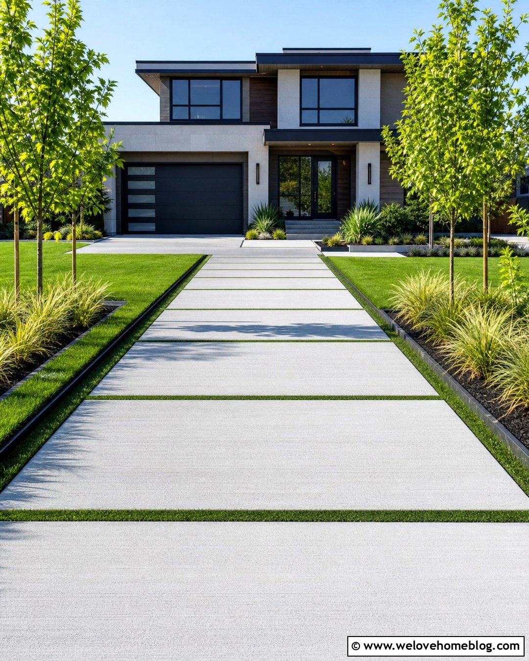 Modern Concrete Driveway With Grass Strips - 20 Residential Driveway Ideas