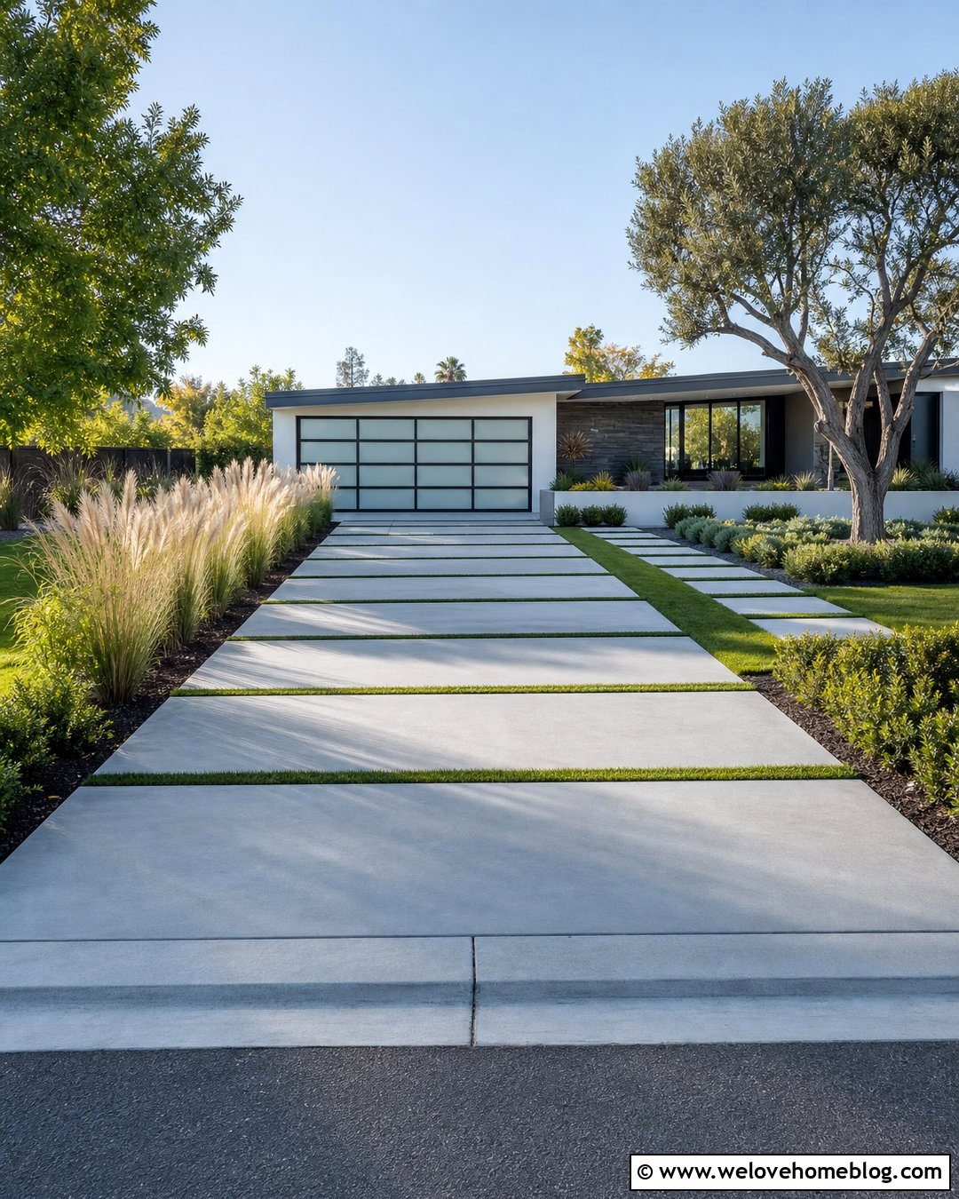 Modern Concrete Driveway With Grass Strips - 20 concrete driveway in front of house ideas