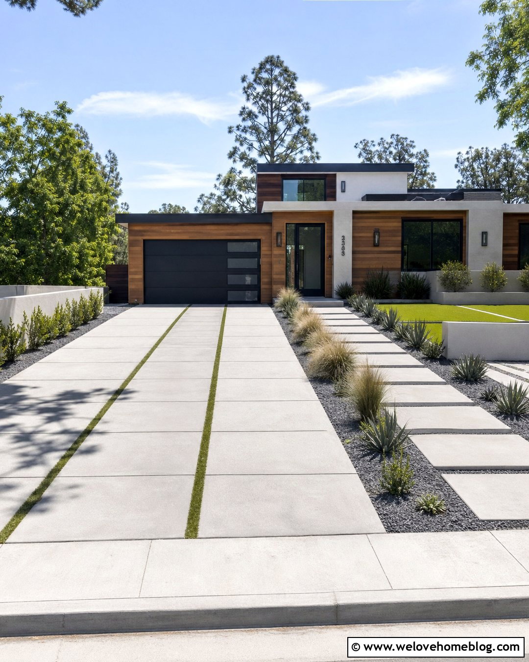 Modern Concrete Driveway With Grass Strips - 25 Elegant Driveway Ideas
