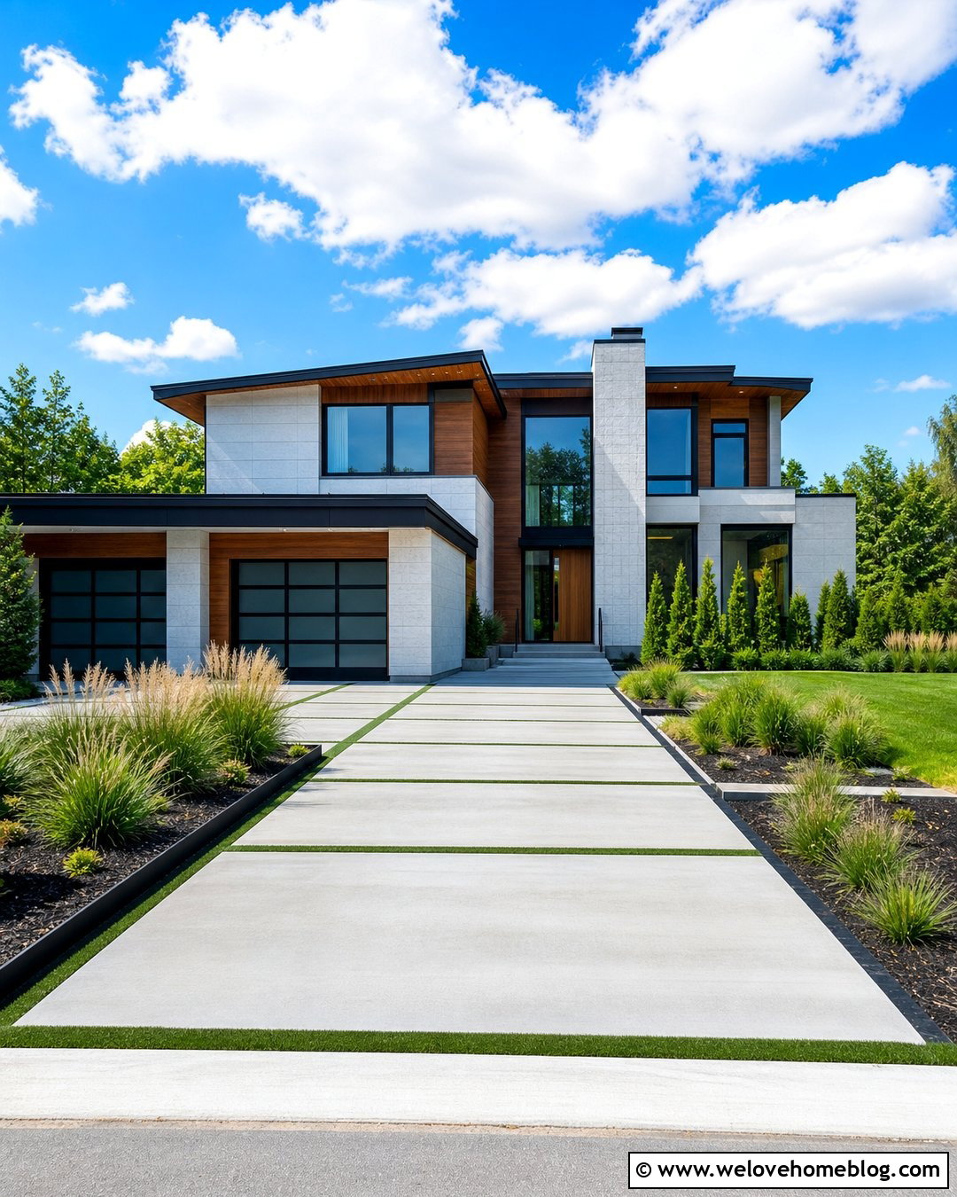 Modern Concrete Driveway With Grass Strips - 35 House Driveway Ideas