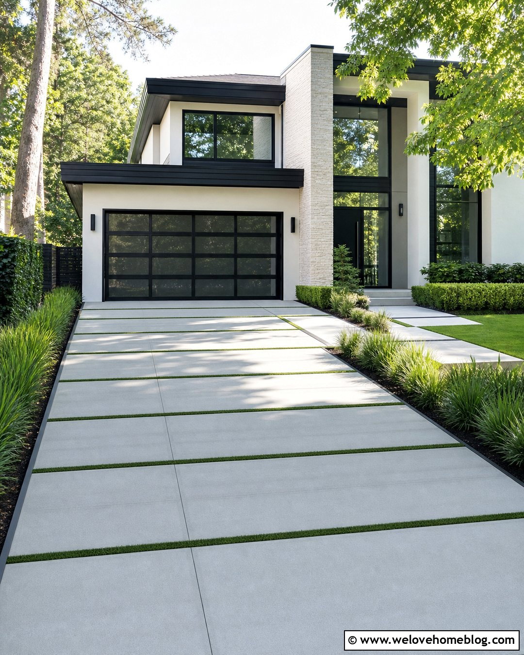 Modern Concrete Driveway With Grass Strips - 45 Driveway Design Ideas