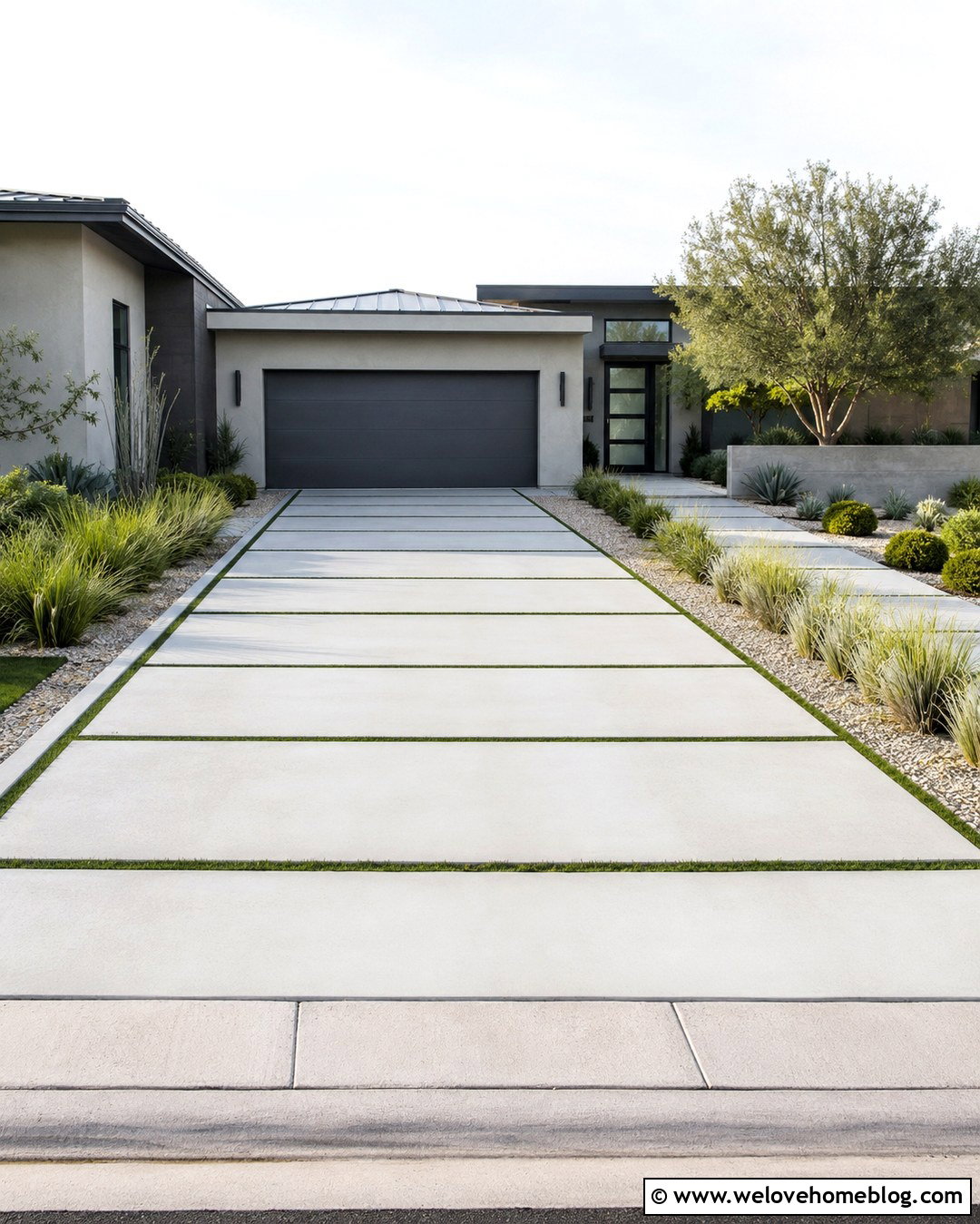 Modern Concrete Driveway With Grass Strips - 20 Dream House Driveway Ideas