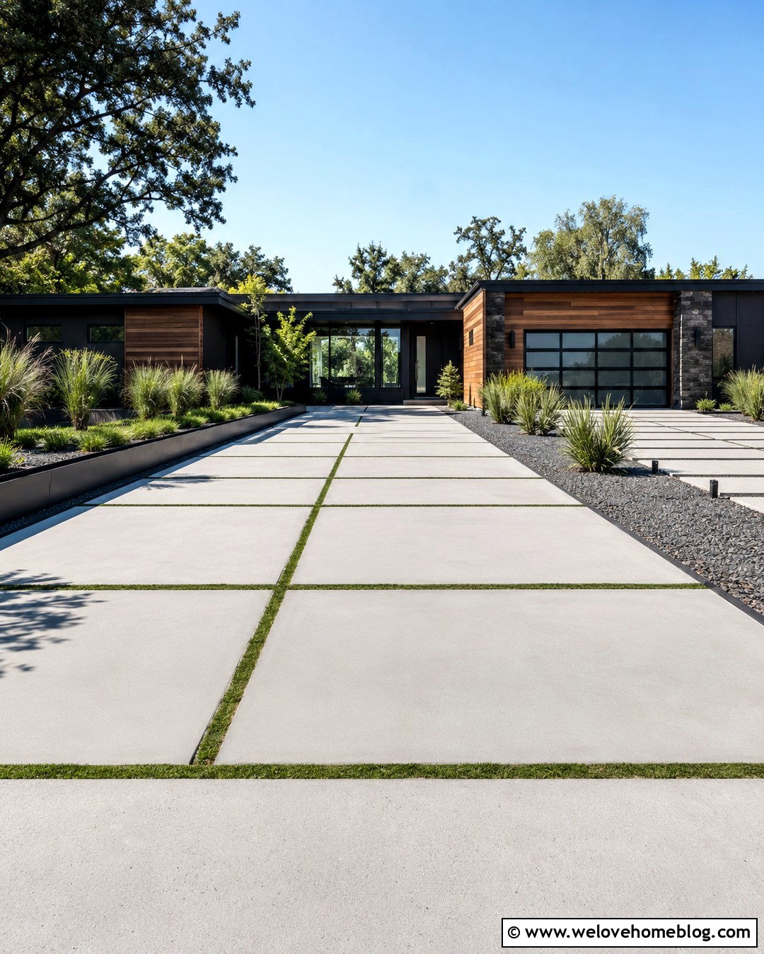 Modern Concrete Driveway With Grass Strips - 20 Driveway Transformation Ideas