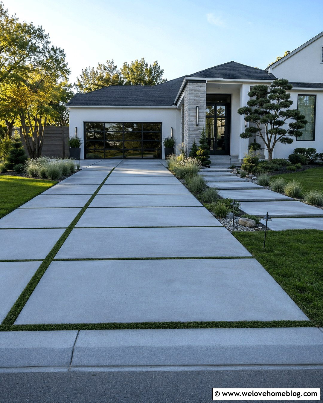 Modern Concrete Driveway With Grass Strips - 20 American Driveway Ideas