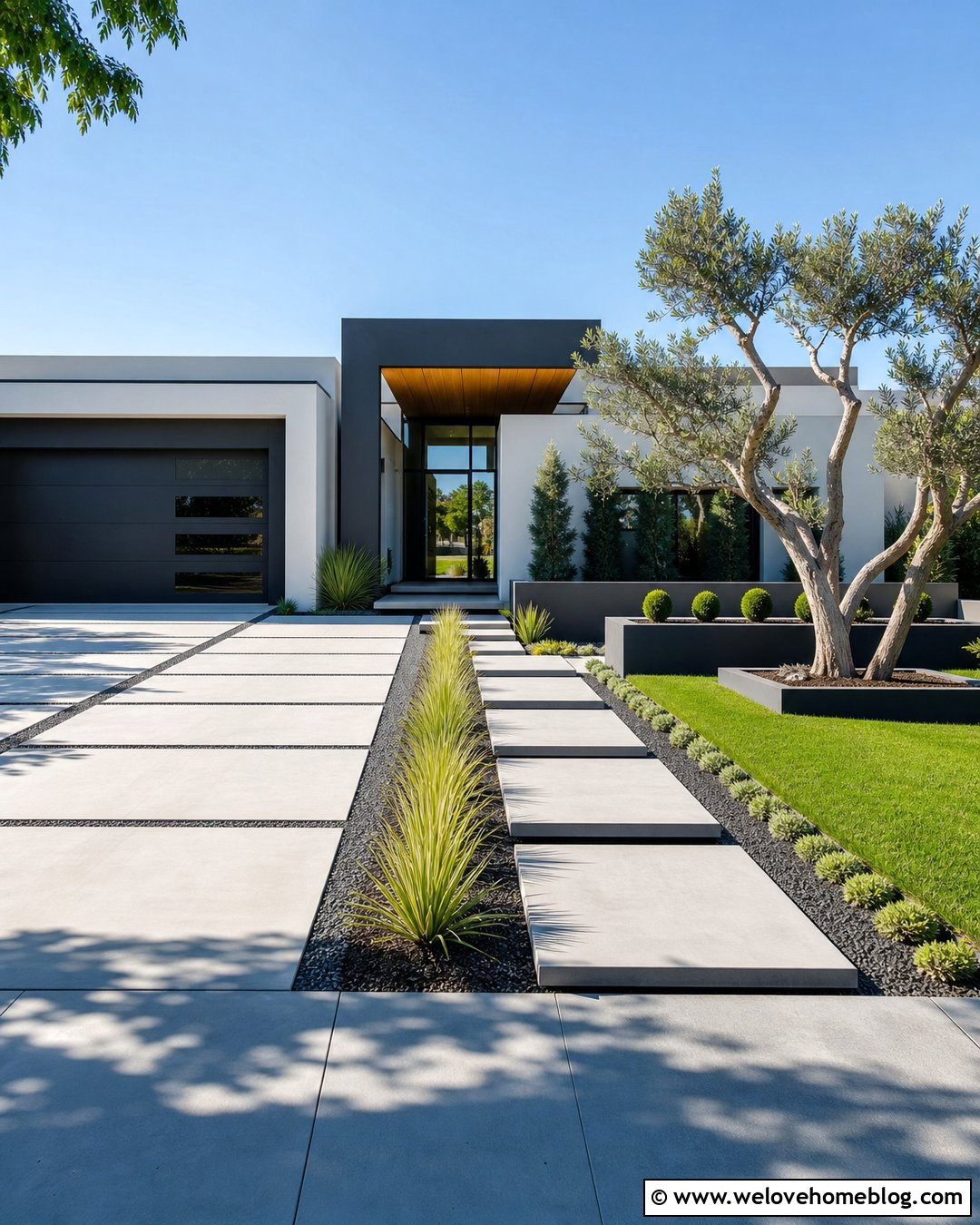 Modern Concrete Driveway With Linear Beds - 20 Driveway Small Front Garden With Parking Ideas