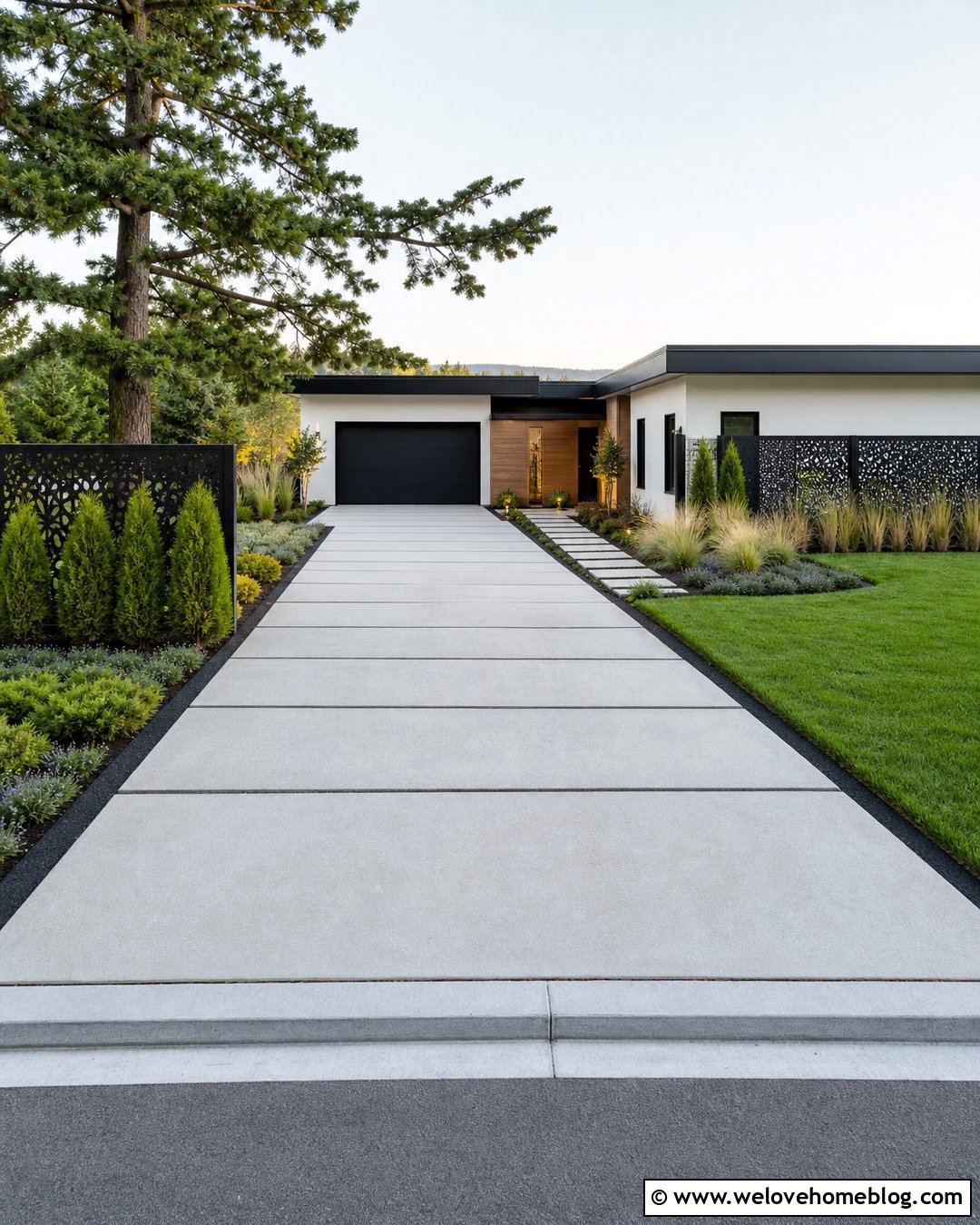 Modern Concrete Driveway With Metal Privacy Screens - 20 driveway privacy landscaping ideas
