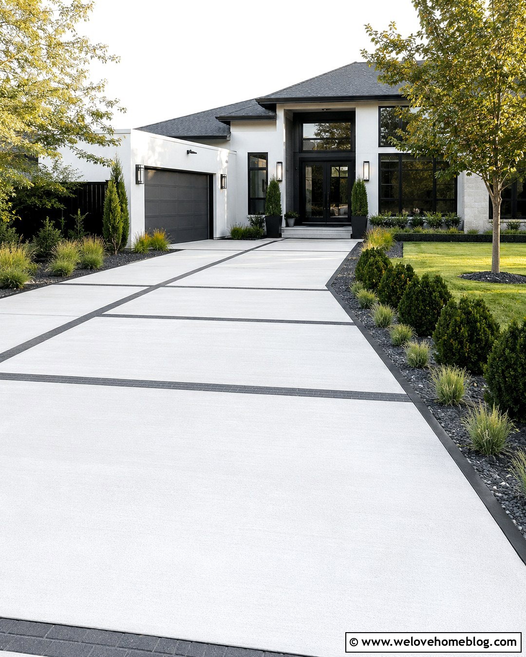 Modern Concrete Driveway With Ornamental Grasses - 20 landscape design driveway ideas