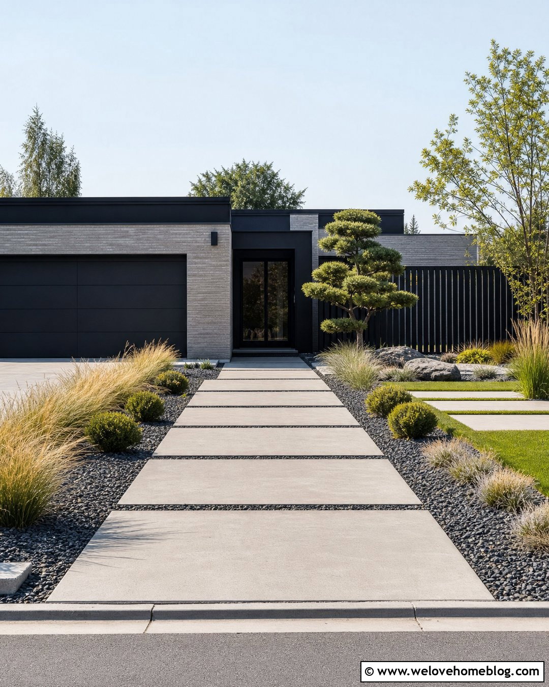 Modern Concrete Driveway With Ornamental Grasses - 20 landscaping driveway ideas