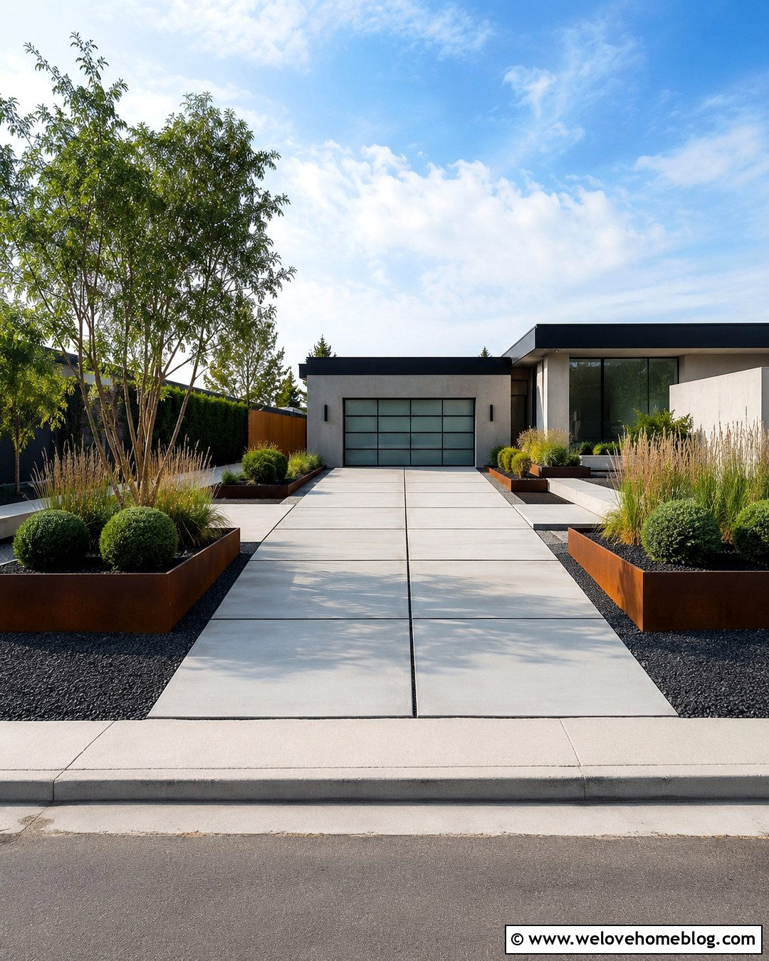 Modern Concrete Driveway With Raised Planters - 20 Planted Driveway Ideas