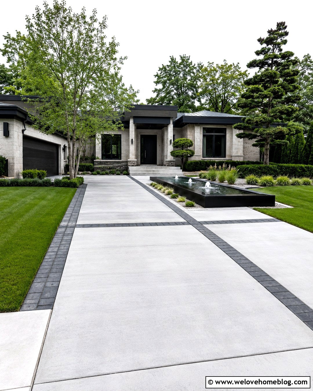 Modern Concrete Driveway With Reflecting Fountain - 20 Water Fountain Driveway Ideas