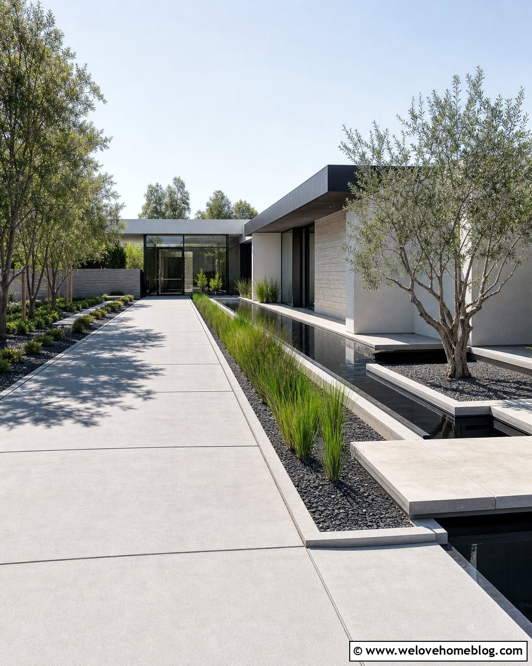 Modern Concrete Driveway With Reflecting Pool - 20 Driveway With Water Feature Ideas